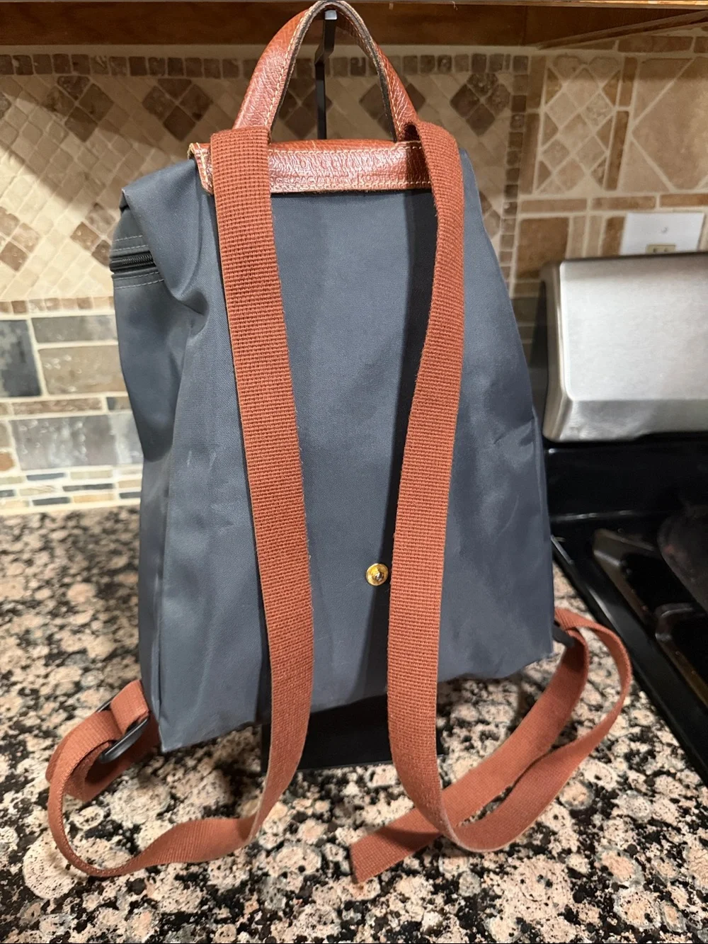 Long champ grey book bag with Brown Leather Trim